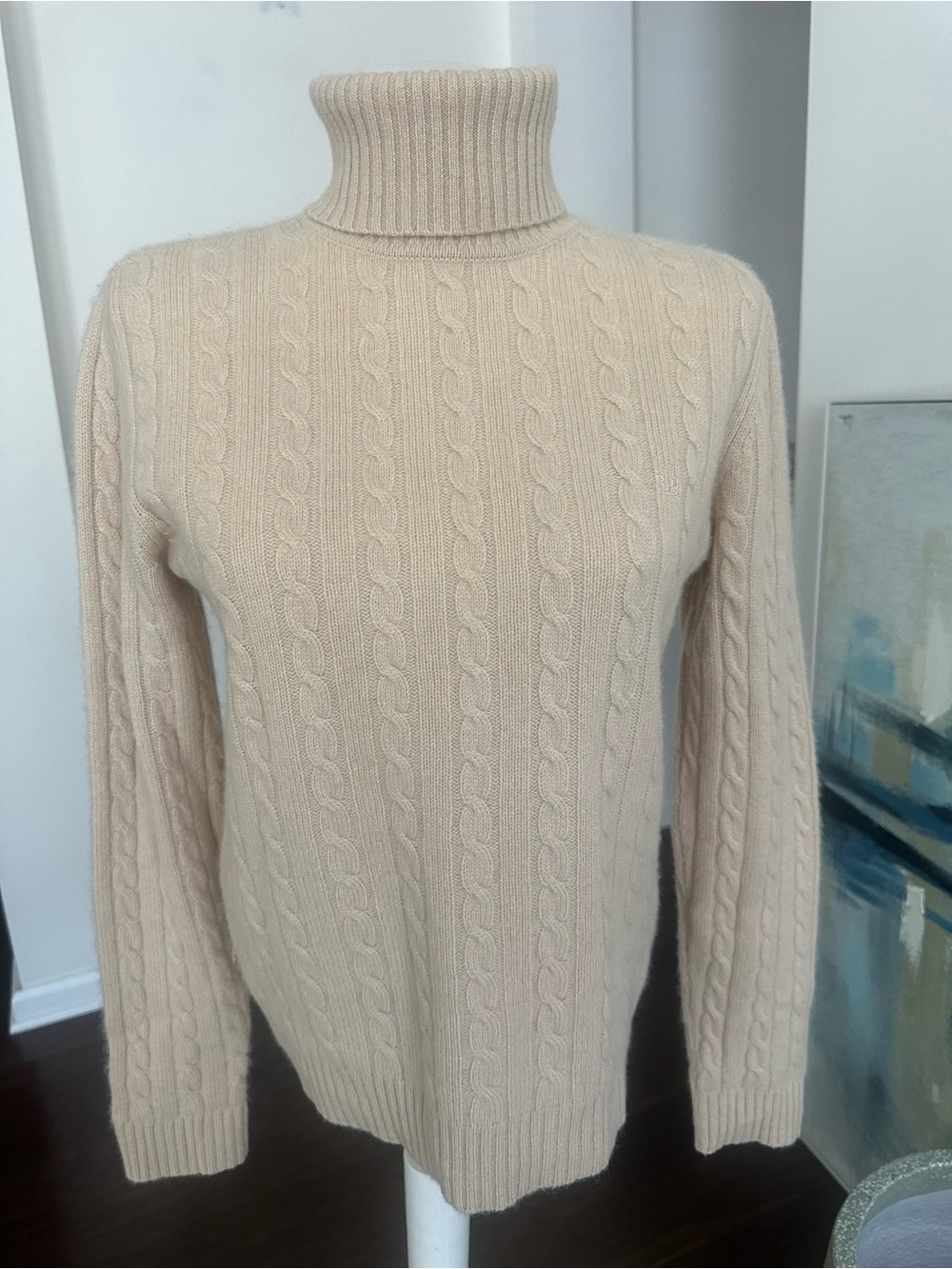 Lauren Ralph Lauren Tan Cable-knit Cashmere Turtleneck Sweater M